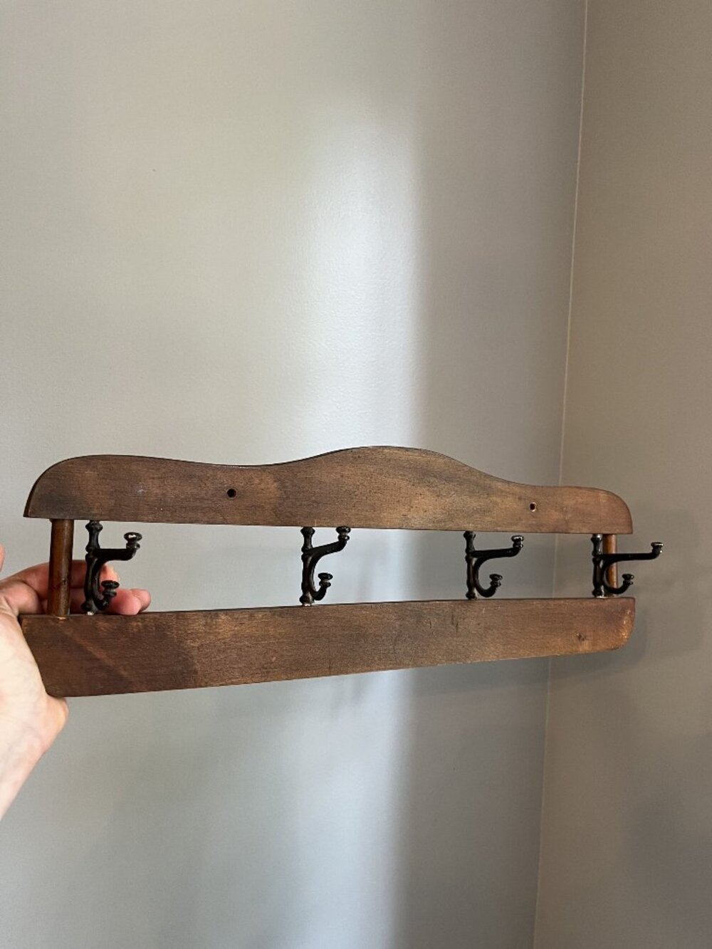 Vintage Wooden Wall-Mounted Rack With Four Cast-Iron Double Hooks Rustic  21"